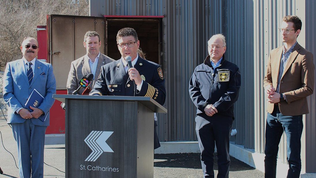 St. Catharines Fire Chief Dave Upper speaking during the opening celebration for the new Fire and Emergency Services Training Tower.
