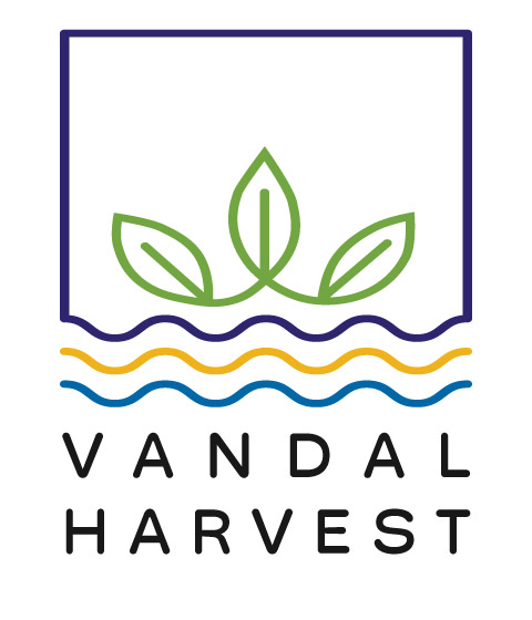 Vandal Harvest logo featuring a dark purple rectangle around a green plant with three leaves. Below the plant are three wavy lines representing water and fertalizer. Below the last line are the worlds Vandal Harvest in capital letters.