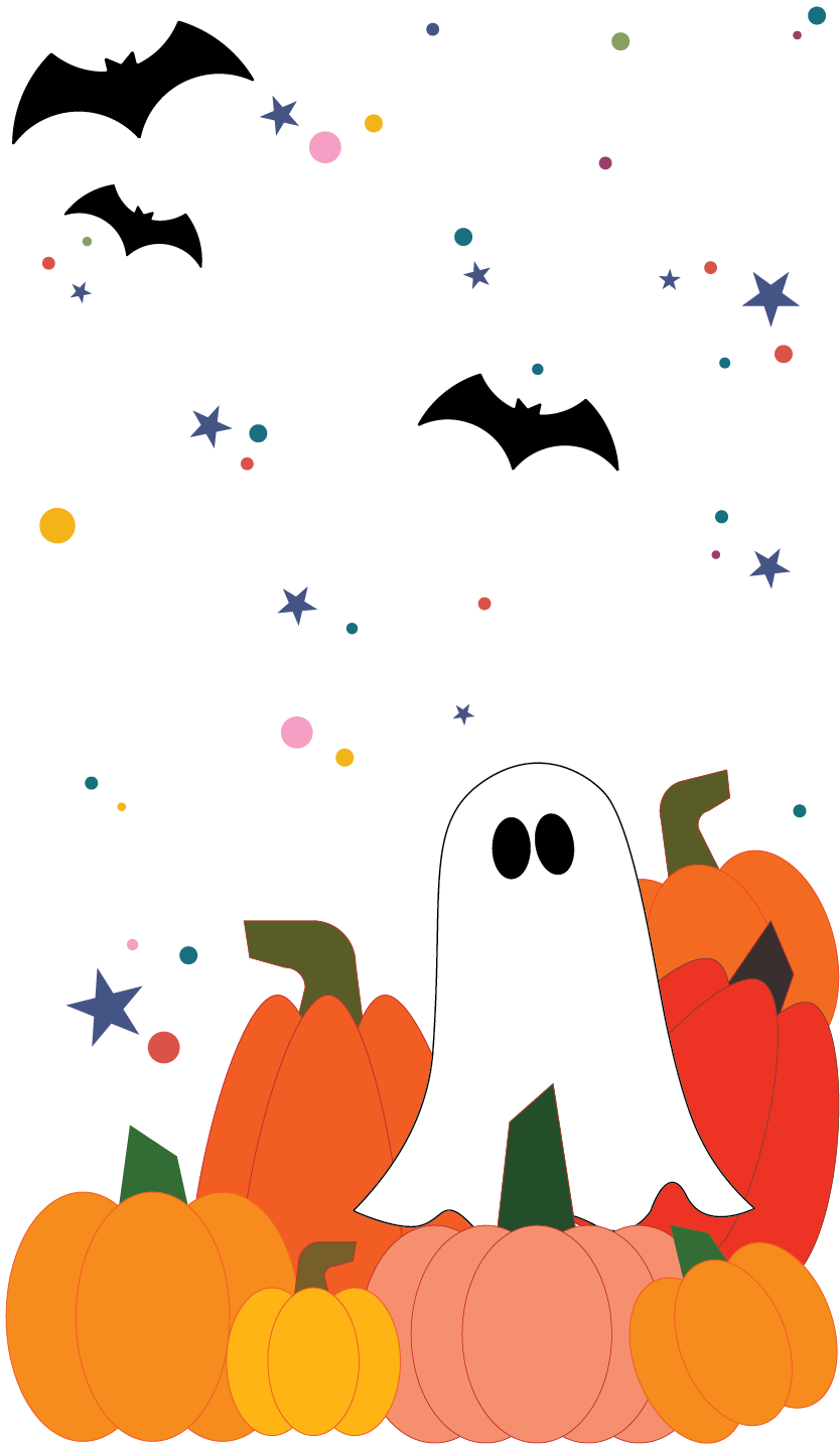 A pile of pumpkins with a sheet ghost in the middle of them. They are all different sizes and colors. They are in front of a background featuring multi-color stars and sparkles. There are three black bats flying over them.