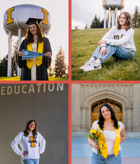 Four photos of four young women. They are all posing in different locations on the University of Idaho campus. They are all smiling and looking directly at the camera.