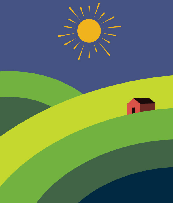 Green rolling hills in front of a blue sky, with a yellow sun overhead. A small red barn sits atop one of the hills.