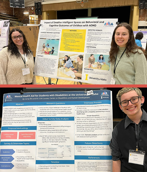 Two images stacked. The top shows two young women standing next to their presentation poster, smiling happily. The bottom shows a young person standing next to their presentation poster, smiling proudly.