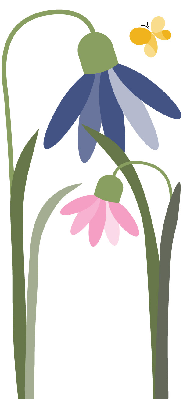 two spring flowers, one blue and one pink with a yellow butterfly fluttering over them