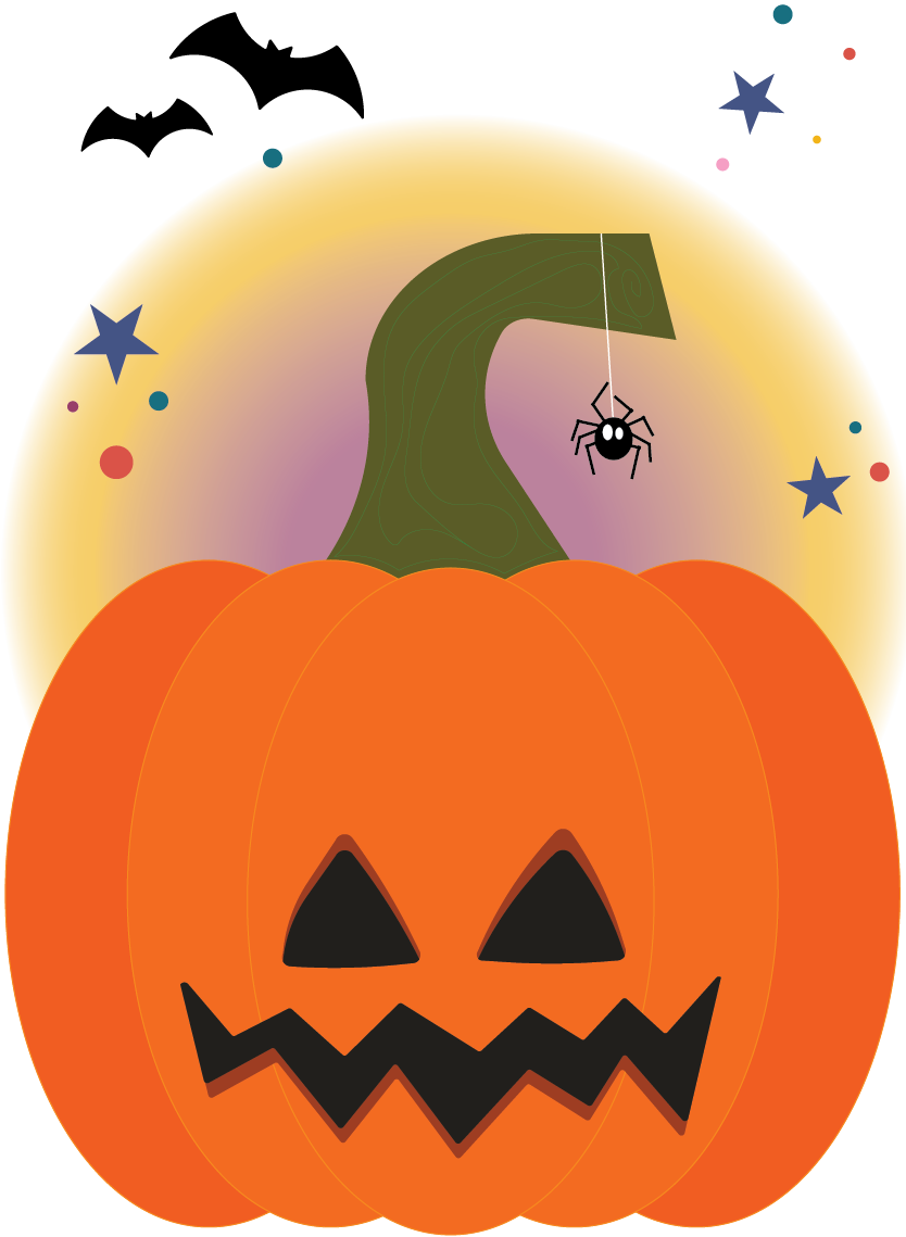 A large jack-o-lantern with a jagged smile sitting in front of a purplish background. There is a black spider hanging from the stem and different color stars and sparkles in the background. There is also two back bats in the upper left corner.