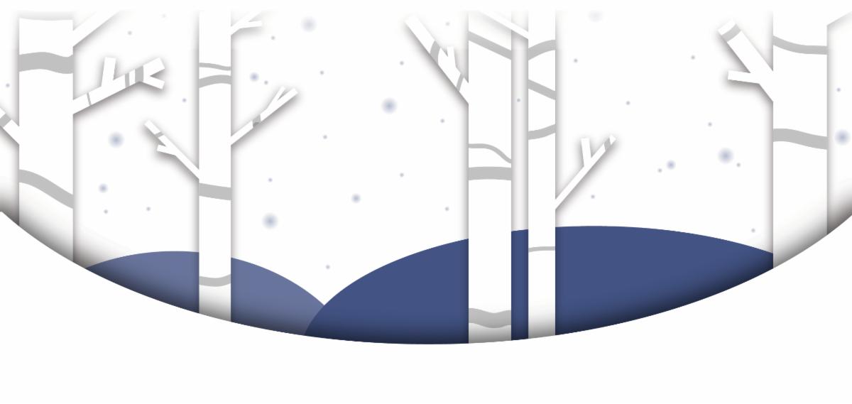 A winter scene with rolling blue hills and five bare birch trees in the foreground.