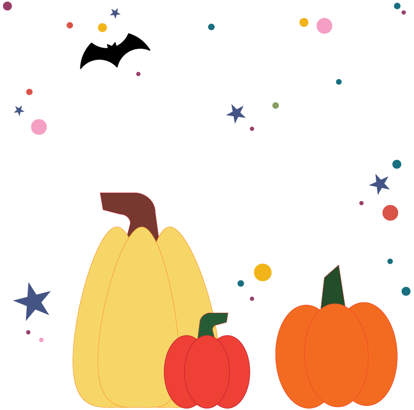 Three pumpkins of different shapes and colors. They are in front of a background of multi-color stars and sparkles. There is a black bat flying overhead.