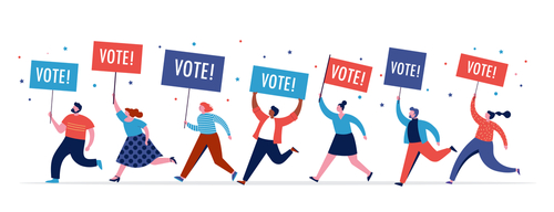 Group of people_ walking with flags to elections. Crowd of women and men at a demonstration. Concept for election campaign_ voting theme vector background. 