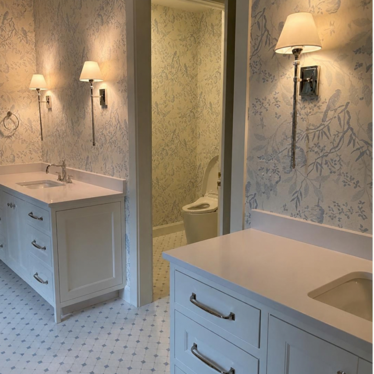 Blue botanical bathroom wallpaper installed by D&D Decorators