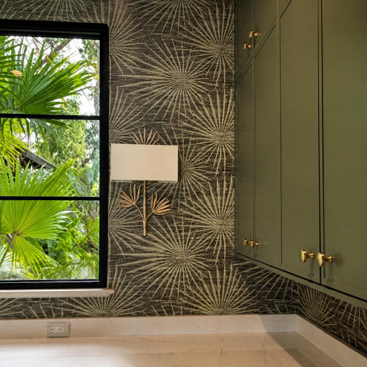Tropical floral kitchen wallpaper around a window and green cabinets, installed by D&D Decorators