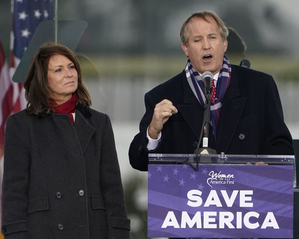 Texas Attorney General Ken Paxton with wife Texas State Senator Angela Paxton speaks at the Trump Rally in Washington DC on January 6 2021