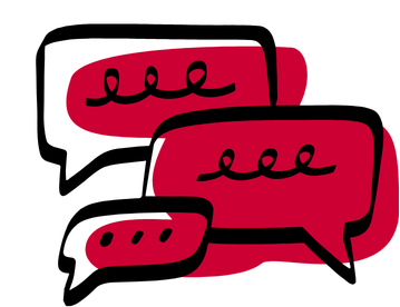 Graphic of thee speech bubbles with red and black.