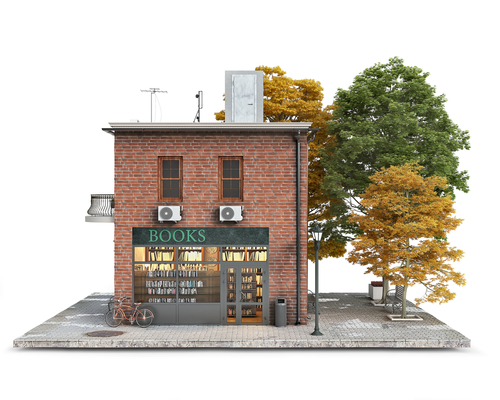 Small red brick building with book store on a first floor and alley near it_ 3d illustration
