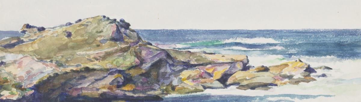 A detail of a watercolor painting of a Maine coast