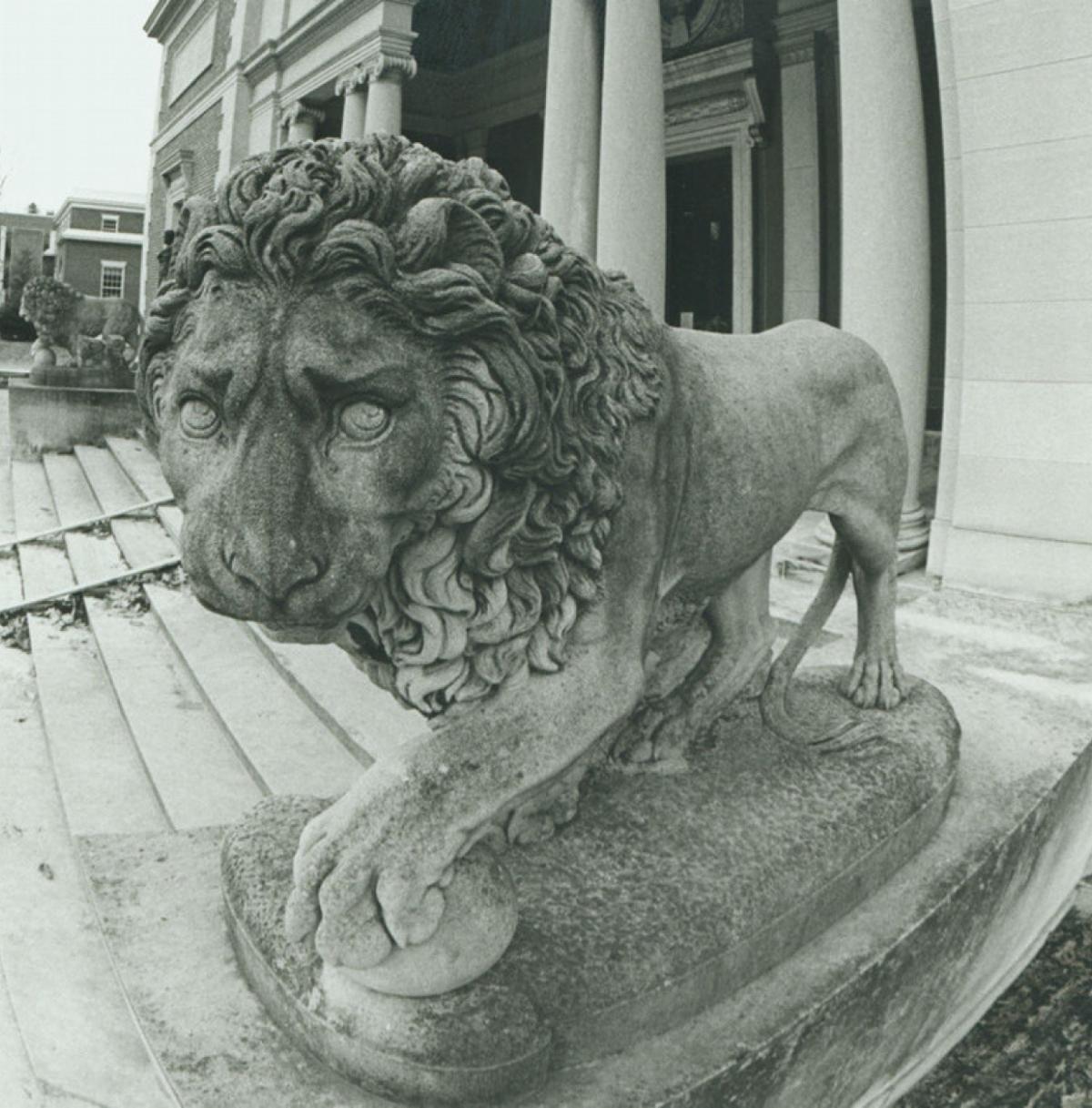 A vintage photograph of a lion sculpture on the exterior of an art museum