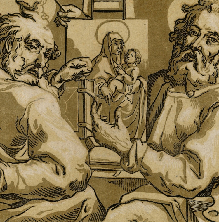 A 17th century woodcut of two bearded saints flanking an image of the Virgin and Child