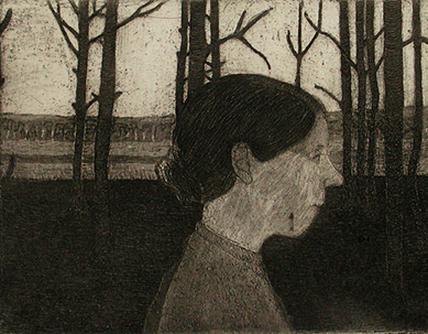 An etching of a stylized profile of a woman set against silhouetted trees
