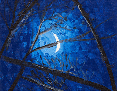 A detail of a painting of a crescent moon seen through tree branches
