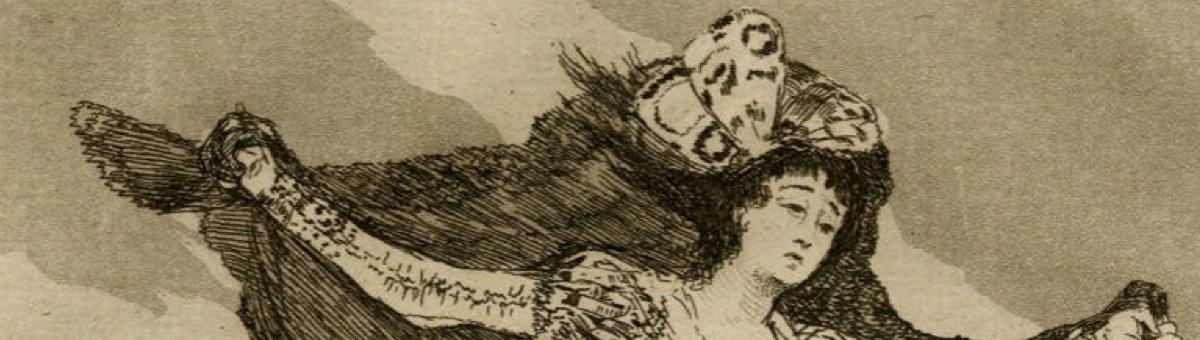 A detail of an etching and aquatint depicting a woman in flight