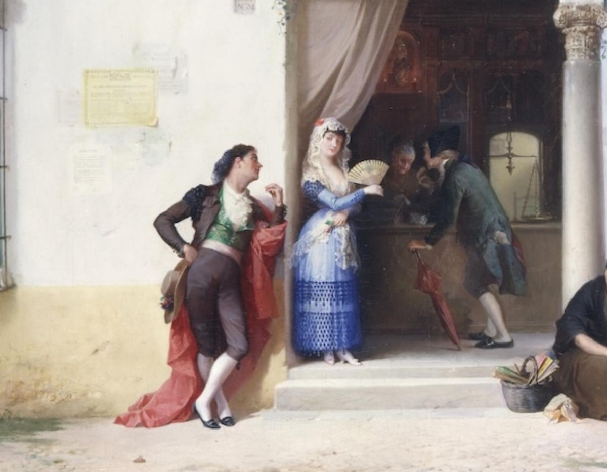 A ninteenth century oil painting of a Spanish street scene