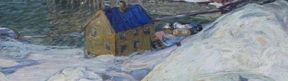 A painting of a town in a snowy landscape