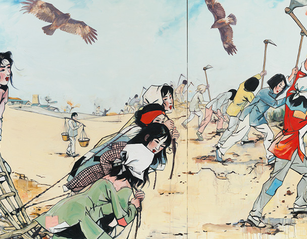 A painting of women performing labor in a barren field