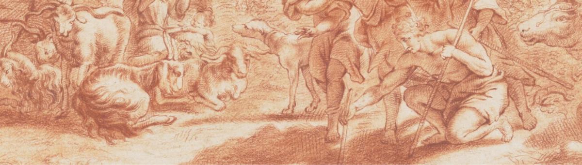 A detail of an Old Master red chalk drawing of mythological figures