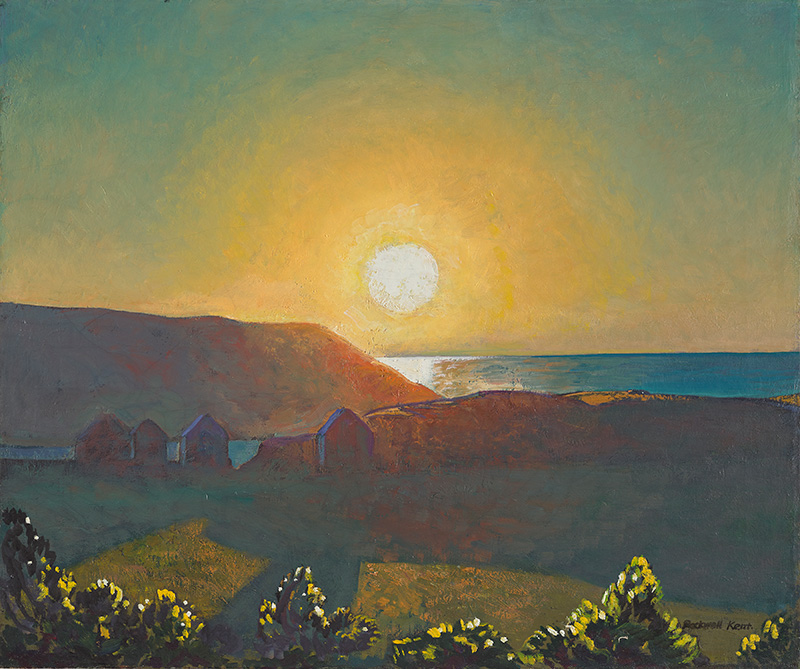 A painting of a luminous sun setting over a coastal landscape
