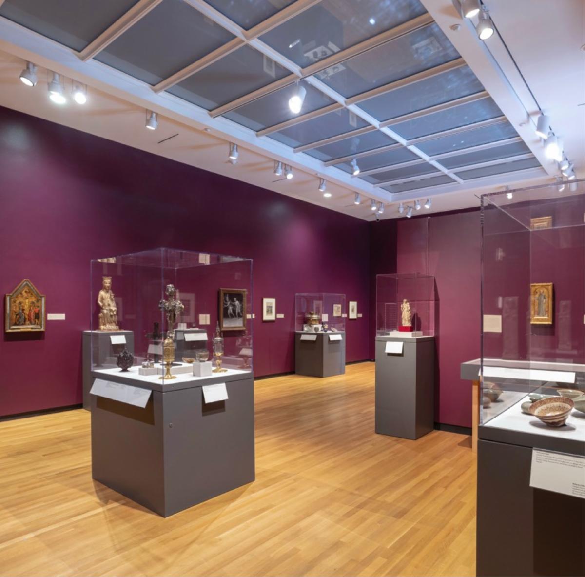 A gallery in an art museum displays medieval objects