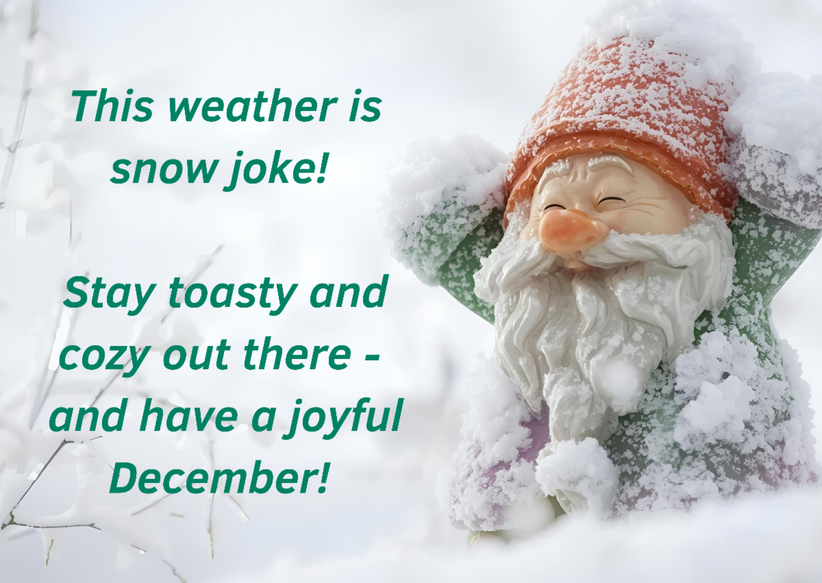 A cheerful statue of a gnome covered in snow and the text This weather is snow joke! Stay toasty and cozy out there and have a joyful December! 