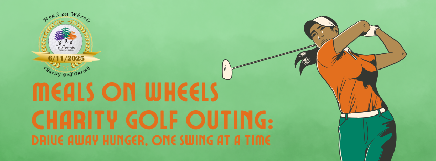 Cartoon woman swinging a golf club and the phrase "Meals on Wheels Charity Golf Outing: Drive Away Hunger One Swing at a Time"