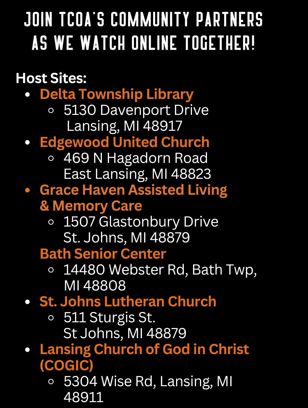 join TCOA’s community partners as we watch online together!