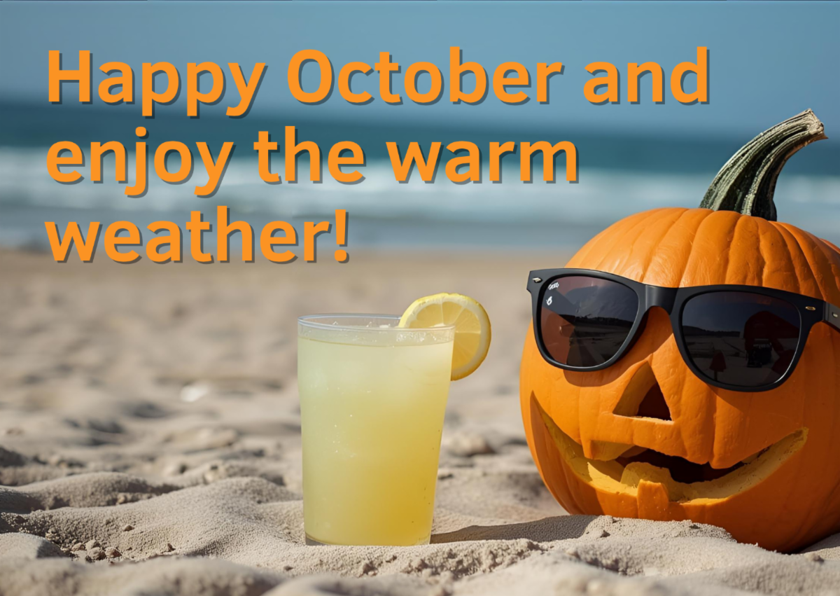 Jackolantern with sunglasses and a glass of lemonade on a beach with the text Happy October and enjoy the warm weather! 