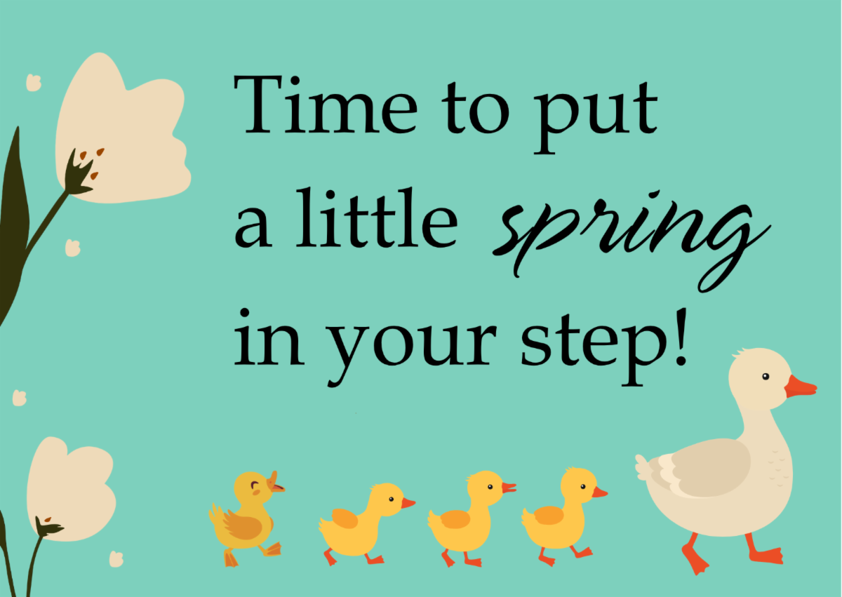 Ducks walking in a row with the words "Time to put a little spring in your step"