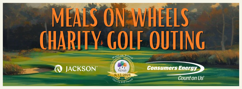 Banner for the Meals on Wheels Charity Golf Outing featuring Jackson® and Consumers Energy logos. 