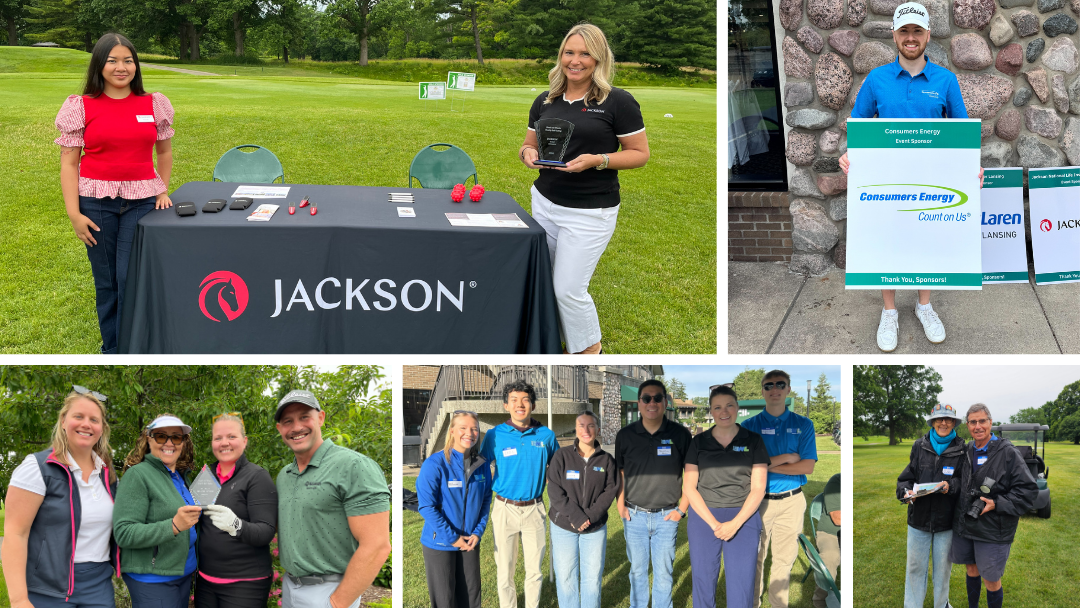 A collage of event sponsors and volunteers: Jackson, Consumers Energy, McLaren Lansing, and Lansing BWL