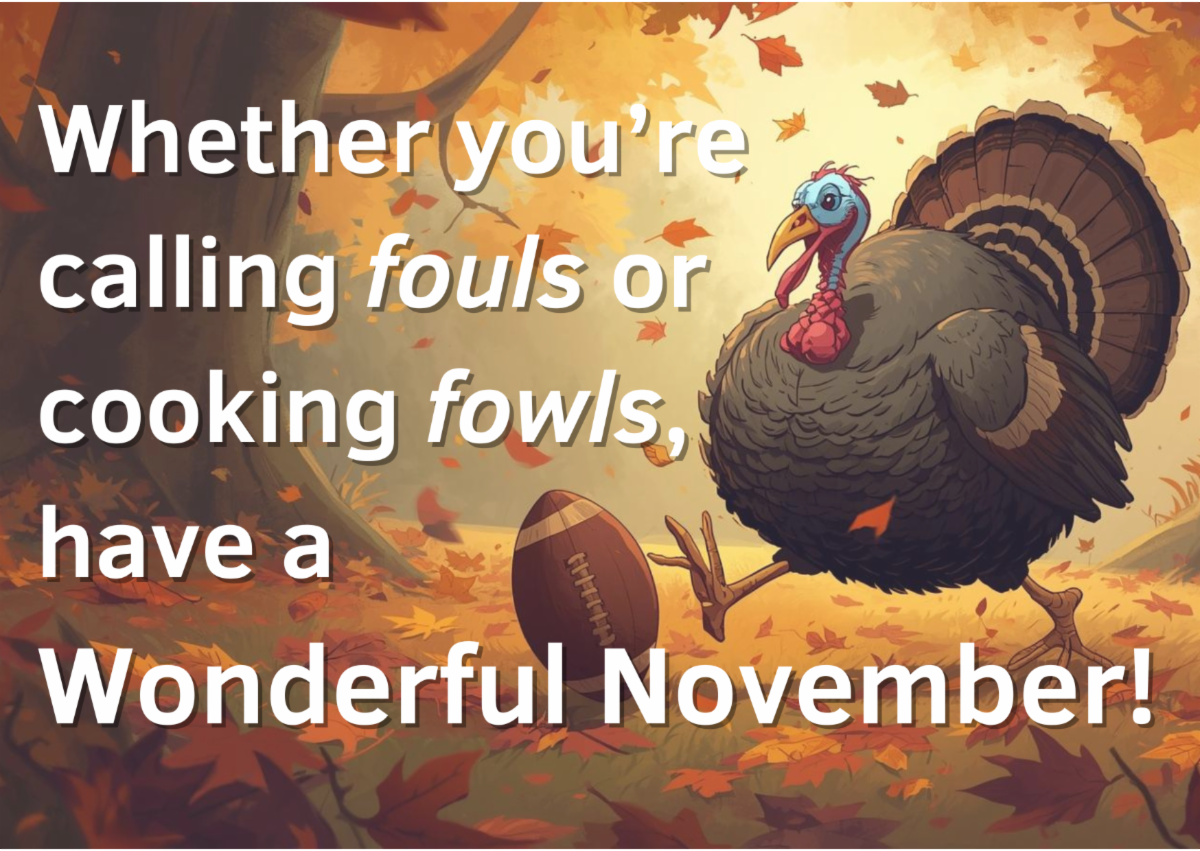 A turkey kicking a football and the text Whether you're calling fouls or cooking fowls have a wonderful November!