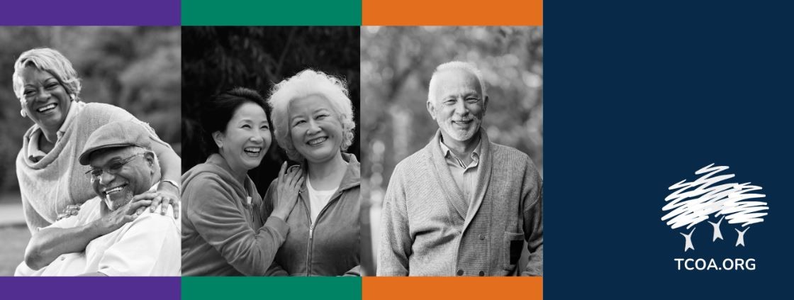 A banner featuring three black-and-white photos of smiling older adults: a couple embracing, two women laughing together, and an older man with a walking stick. Each photo is framed by a bold vertical stripe—purple, green, and orange. On the right, the Tri-County Office on Aging logo appears on a navy-blue background.