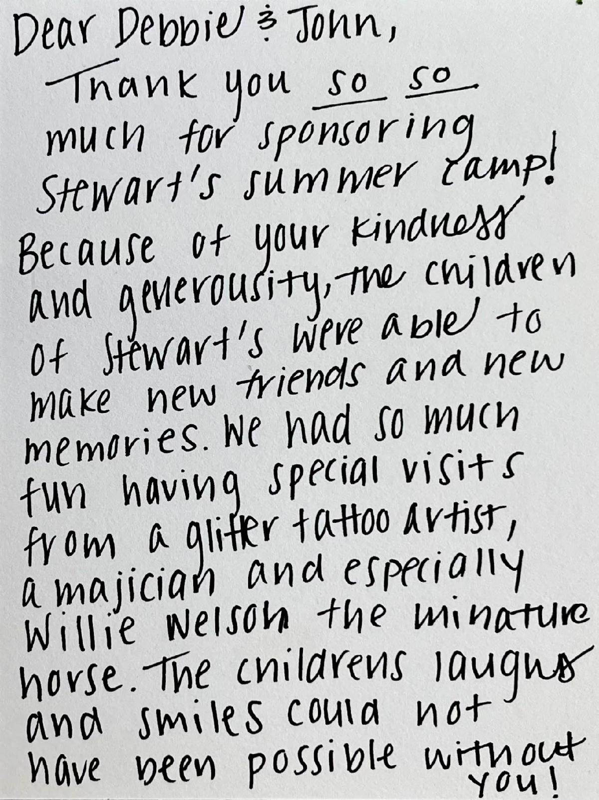 A thank you letter from Stewarts Kids Camp