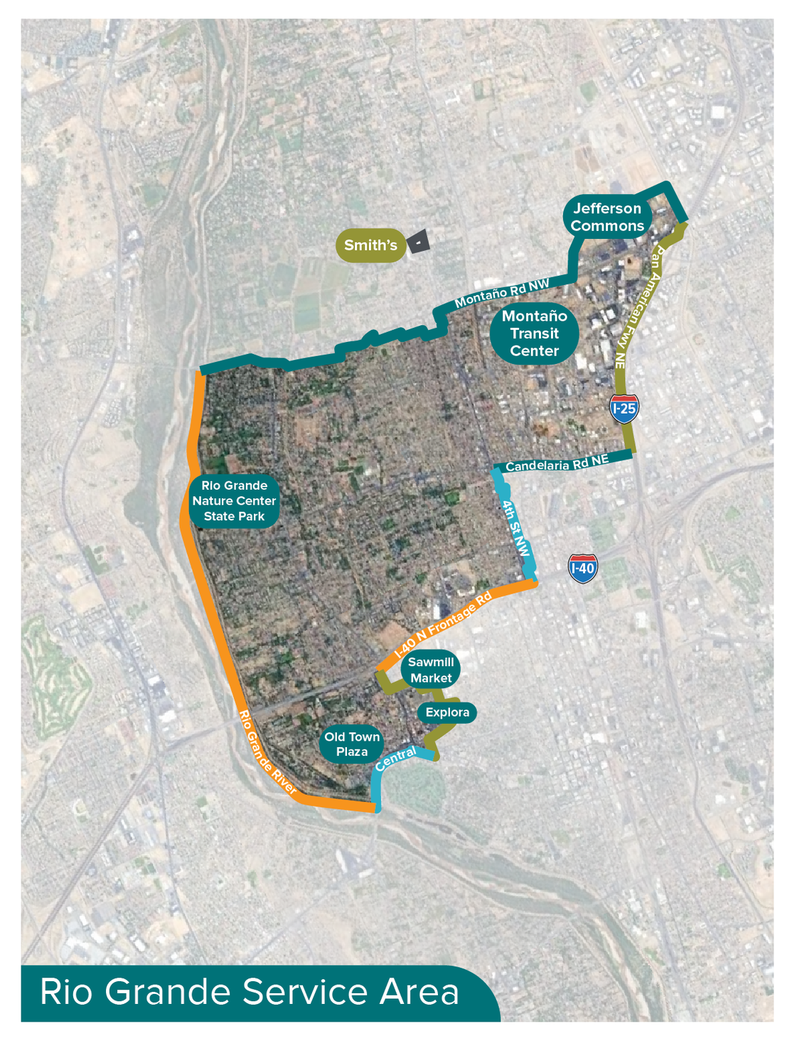 Map showing expanded Rio Grande Service Area, bordered by Montano Road, the I-25, Candelaria Road, 4th Street, I-40 Frontage Road, Central Avenue, and the Rio Grande.