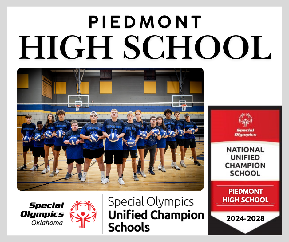 Group of Piedmont High School students standing in a gym holding volleyballs wearing matching blue shirts The image includes the Special Olympics and Unified Champion Schools logos with a banner reading National Unified Champion School Piedmont High School 2024 through 2028