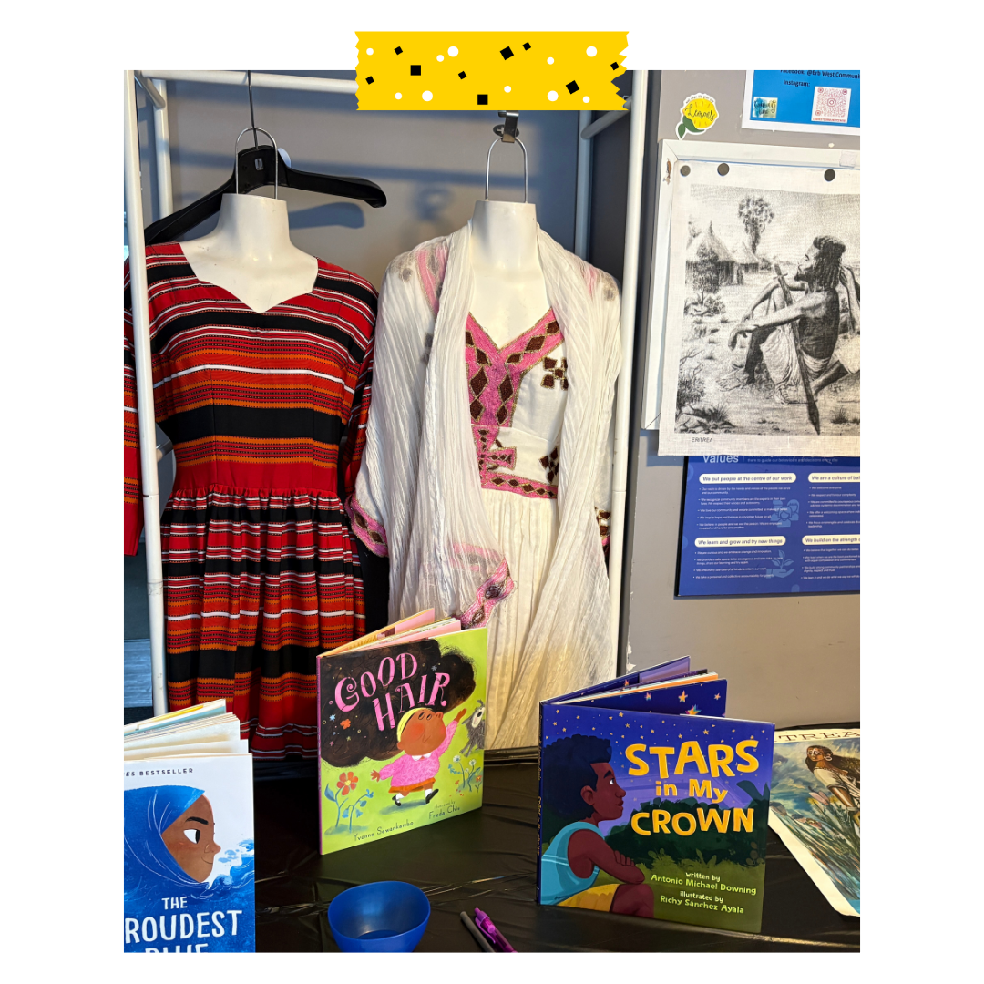 Clothes and books repersenting black history.