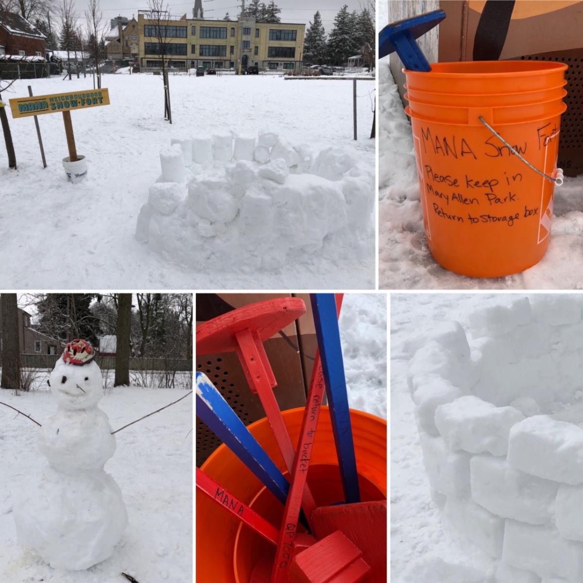 Collage of various snow sculptures including a snowman and snow fort