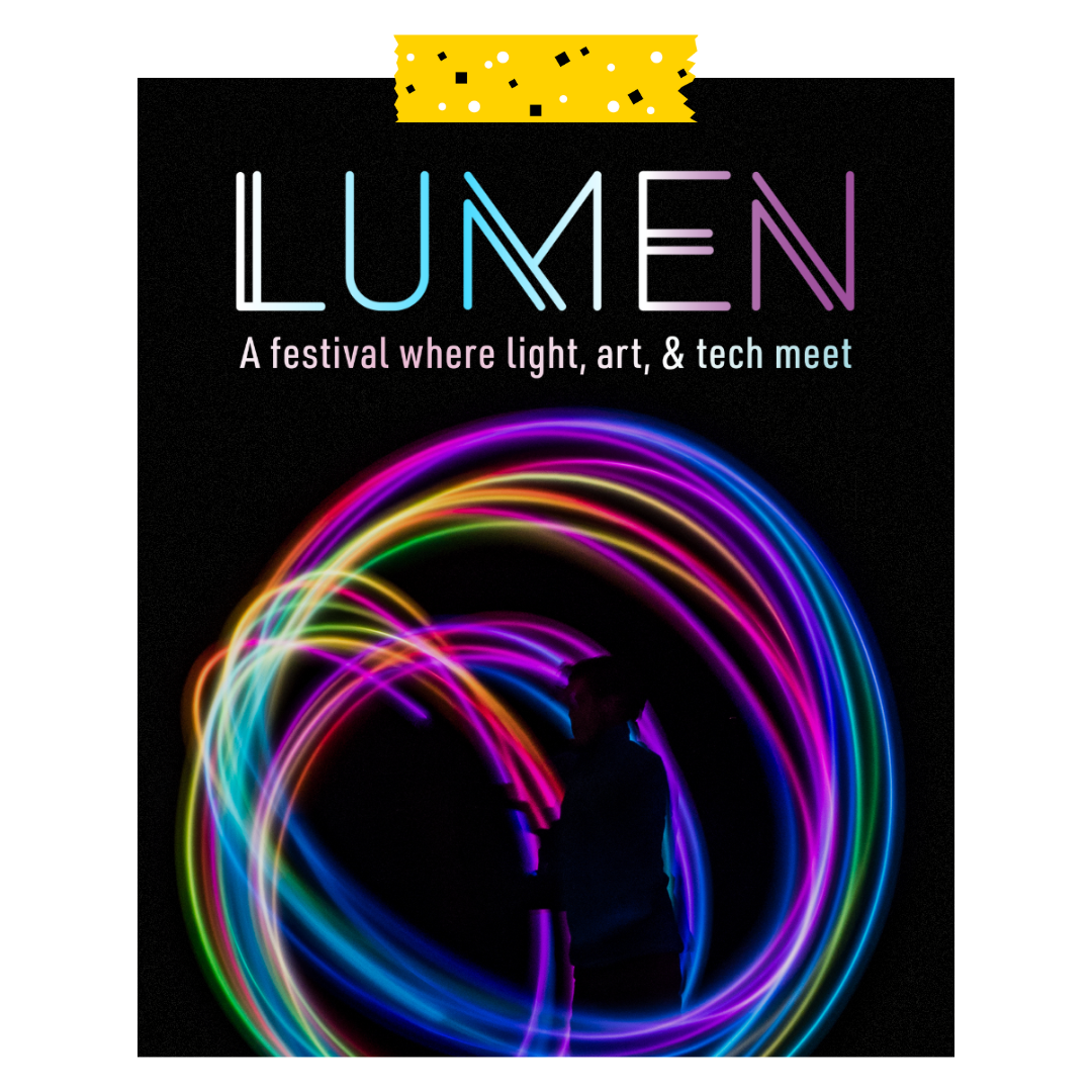 Lumen a festival where light art and tech meet. Black background with multiple circles in different colour lights.