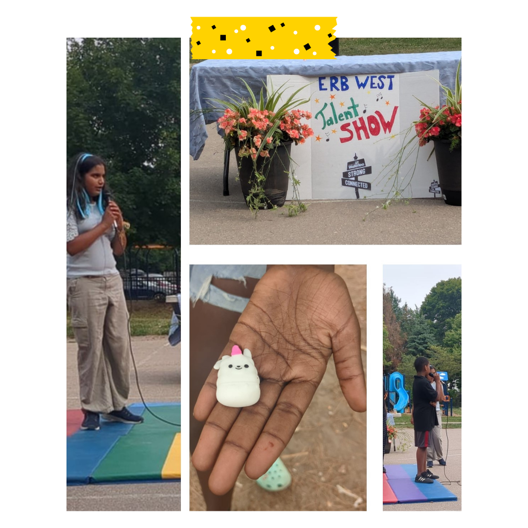 A collage of 4 images with one person singing, another with a craft, another standing outside and the last of a sign saying talent show.