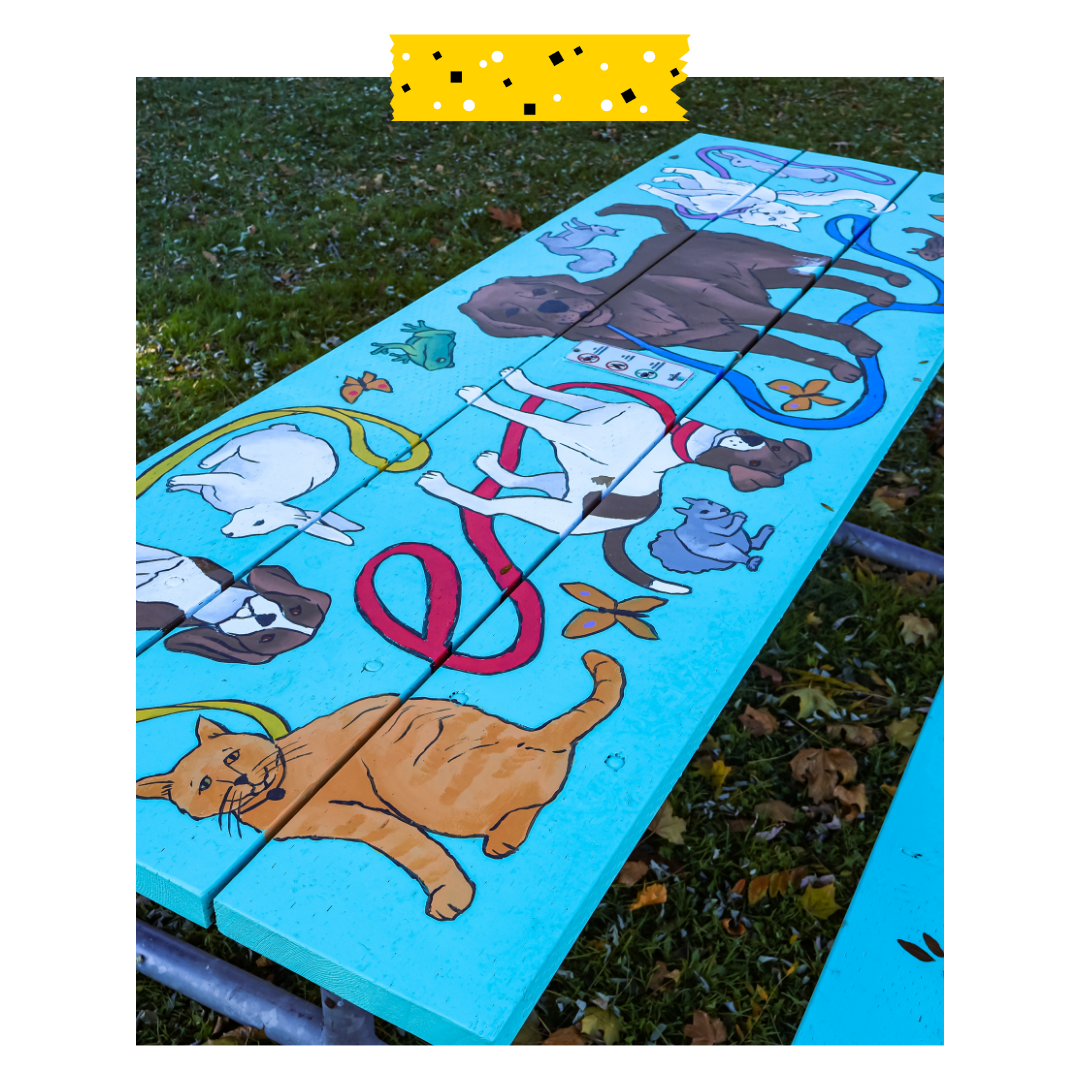 Blue picnic table painted with dogs cats bunnies squirrels and other animals. 