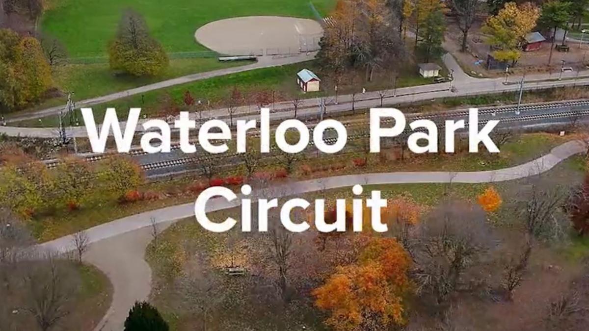 Aerial view of Waterloo Park with text reading Waterloo Park Circuit