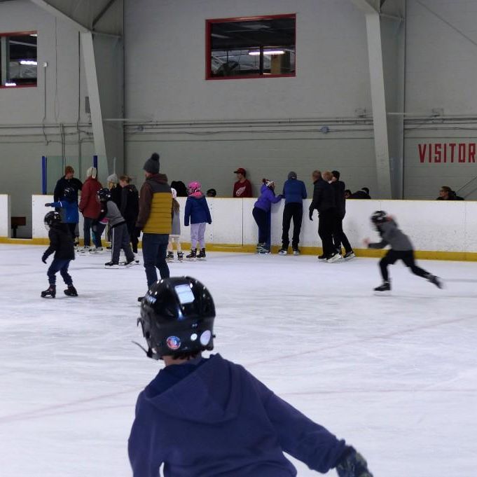 Large group of people of various ages skating in a skating rink