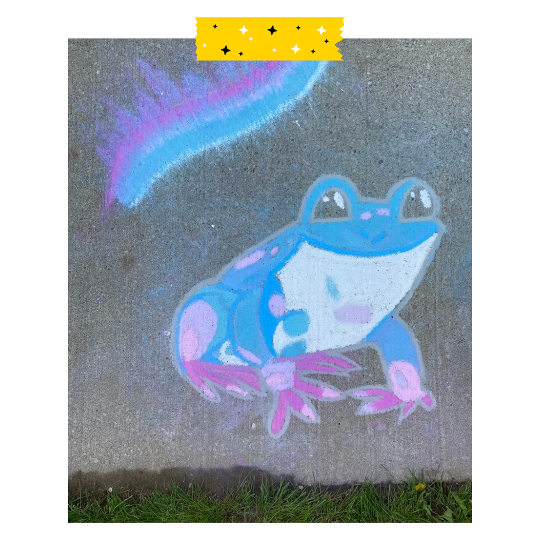 Chalk drawing of a blue and purple frog.