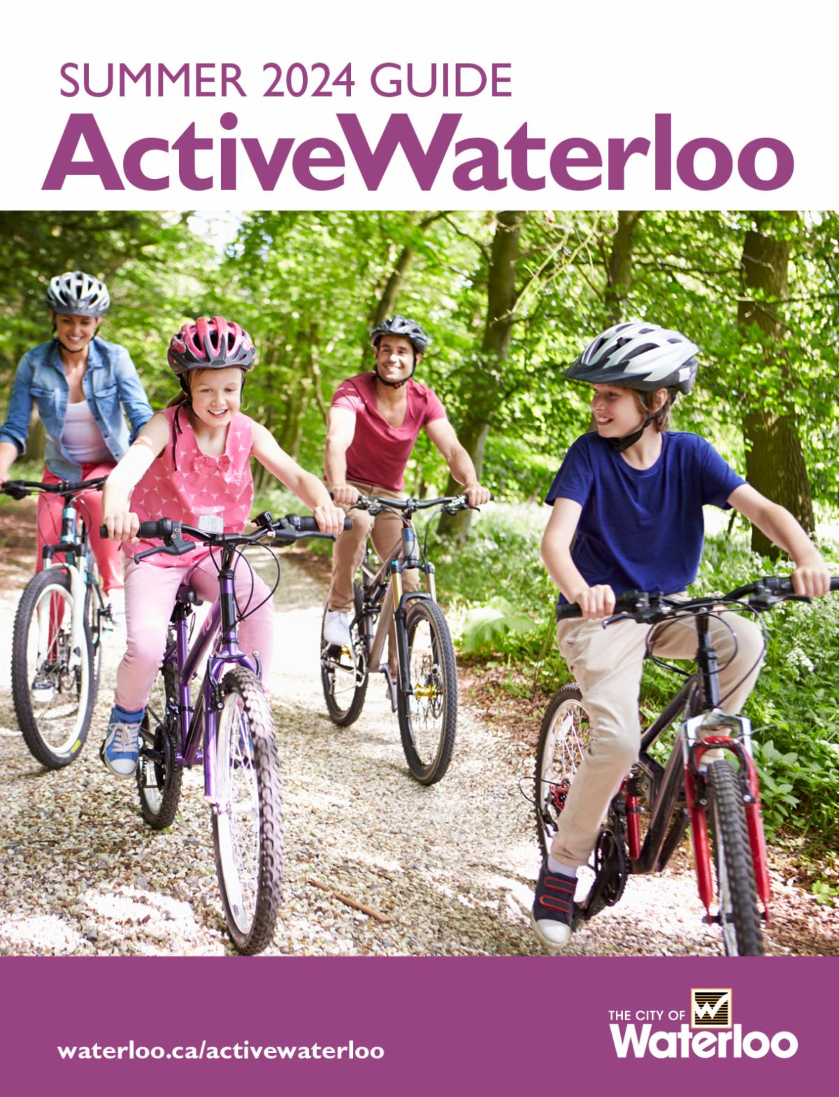 ActiveWaterloo Guide cover, with a group of people riding bikes through a wooded trail
