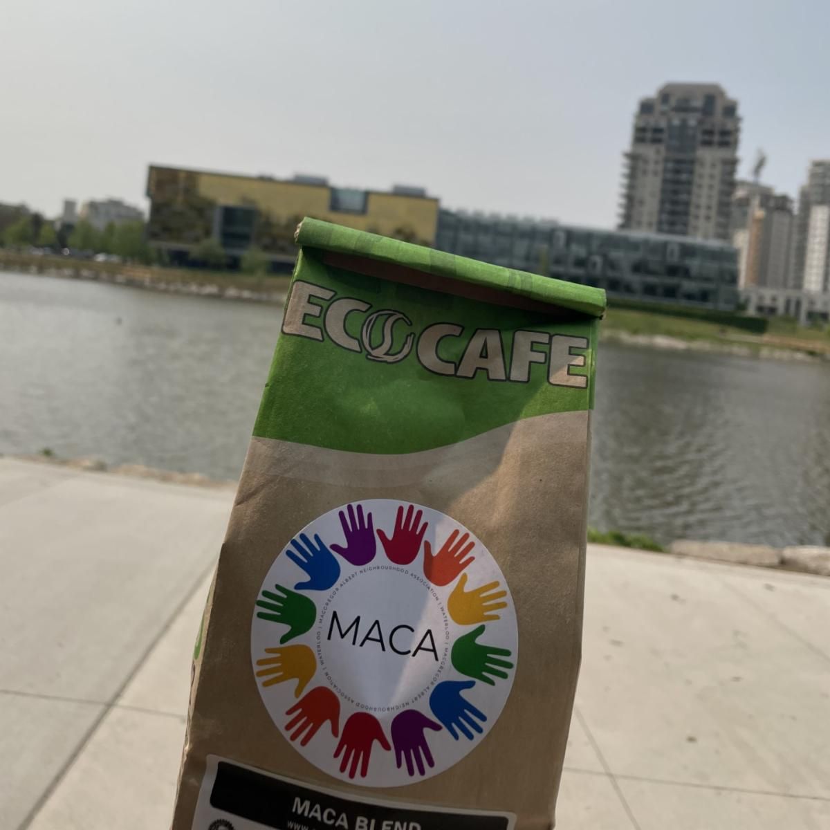 Coffee beans from EcoCafe with MACA logo 